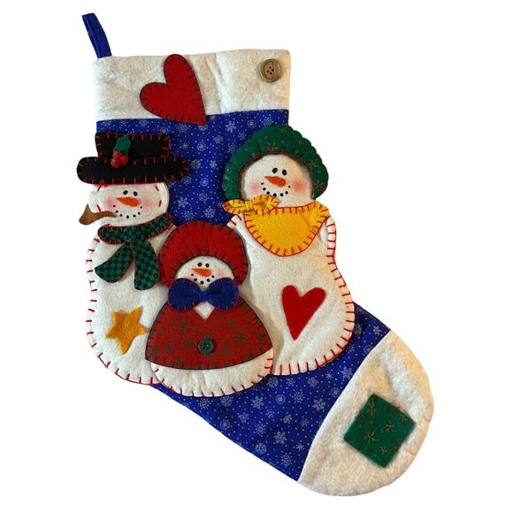 Snowman Family Christmas Holiday Stocking Applique 3D Blue - Picture 1 of 6